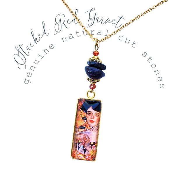 Lady in Gold Pendant Necklace Gustav Klimt Garnet Adele Face Cabochon Handmade - Picture 6 of 9
